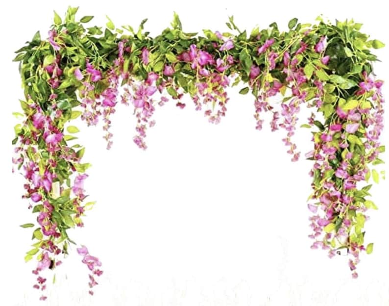 May include: Artificial wisteria garland with cascading purple flowers and green leaves. The garland is designed to be draped, creating a decorative floral accent for events or home decor.