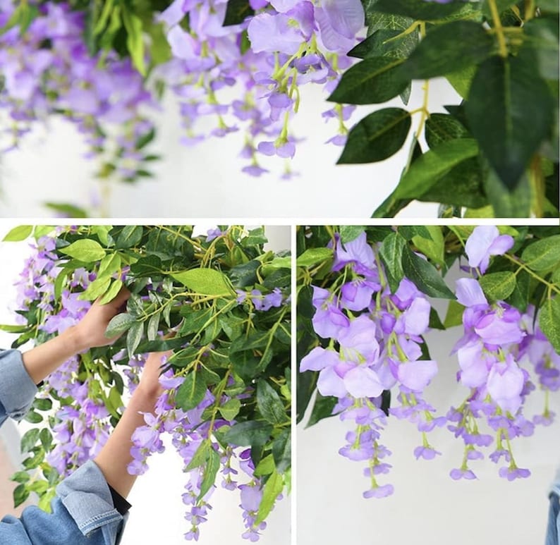 May include: Cascading artificial wisteria vines with clusters of lavender-colored flowers and green leaves. The image shows the wisteria in various stages of arrangement, suggesting its use in home decor or event styling.