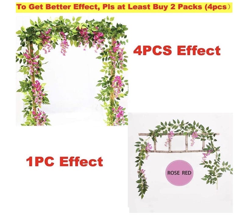 May include: Artificial wisteria garland with green leaves and rose red flowers. The image shows the effect of using 1 or 4 pieces. Text on the image says "To Get Better Effect, Pls at Least Buy 2 Packs (4pcs)".
