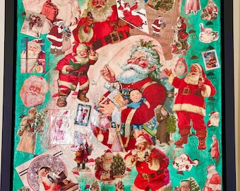 Vintage Santa Claus Christmas Collage - Framed Mixed Media Wall Art, Handmade Retro Holiday Decor, One of a Kind