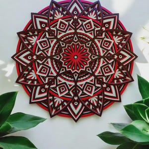Arte mural de mandala 3D: decoración geométrica sagrada de madera de pino cortada a láser