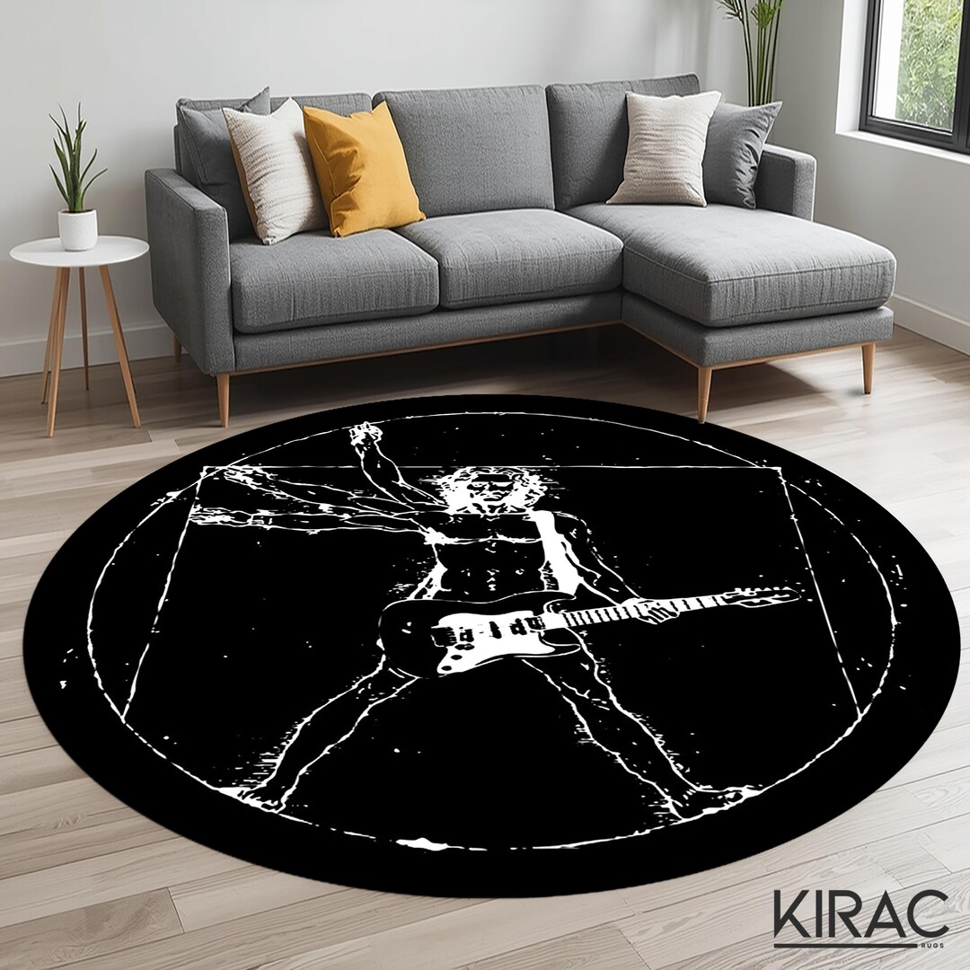 Rock Guitarist Round Rug – Black and White Music Art Carpet for Studio ...