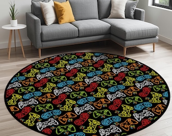 Gamer Controller Round Rug – Colorful Gamepad Carpet for Gaming Room or Teen Bedroom Decor