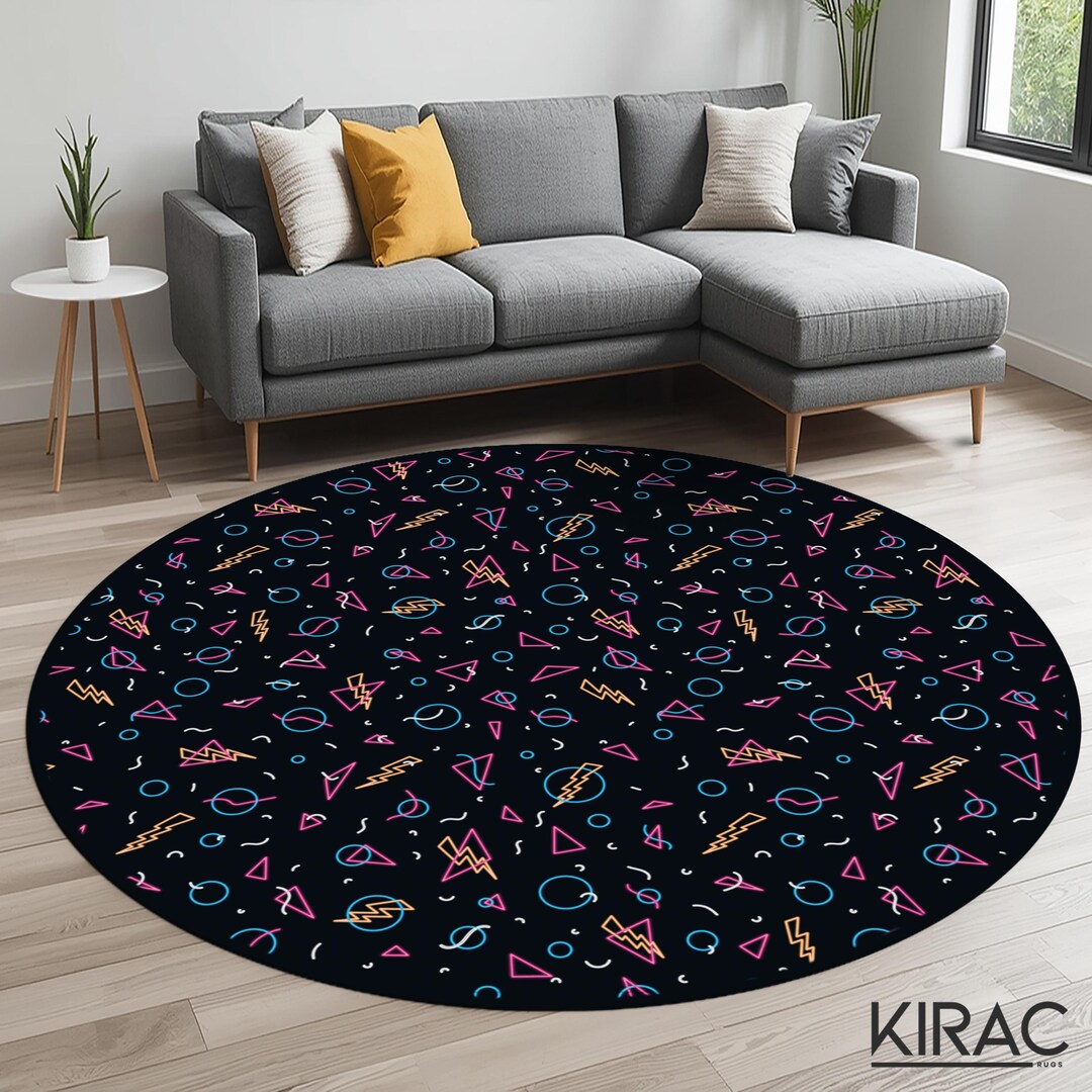 Retro Neon Shapes Rug – 80s Style Round Carpet With Colorful Geometric ...