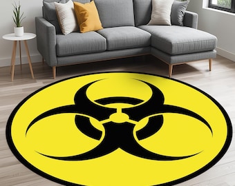 Alfombra redonda con símbolo de riesgo biológico: señal de precaución para salas de juegos, estudios o decoración moderna.