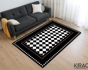 Checkered Rug, Black Border on Check Pattern Nonslip Area Rug, Black and White Rug for Living Room, Chic Floor Mat, Modern Runner Rug