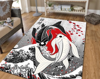 Koi Fish Rug, Japanese Style Area Rug, Oriental Carpet, Zen Home Decor, Boho Living Room Rug, Unique Statement Carpet, Modern Asian Design