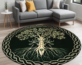 Celtic Tree of Life Round Rug – Green and Gold Nature Symbol Carpet, Pagan Wicca Decor for Boho or Spiritual Homes