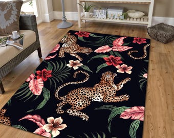 Tropical Leopard Printed Rug – Exotic Jungle Animal Area Carpet with Flowers, Bold Statement Decor for Living Room or Bedroom
