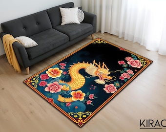 May include: A rectangular area rug featuring a golden dragon design with red, pink, and yellow floral accents against a dark blue background. The rug has a decorative border and is placed on a wooden floor.