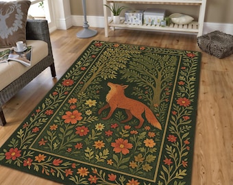 Boho Fuchs Teppich, Waldtier Teppich, Cottagecore Teppich, Gemütliches Wohnzimmer Dekor, Rustikale Natur Inspirierter Boho Stil