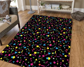 Retro Geometric Printed Rug – Colorful Shapes and Neon Pattern Area Carpet, Fun 80s Style Decor for Living Room or Bedroom
