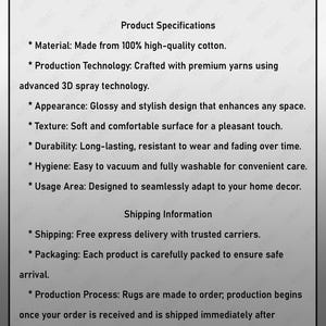 May include: Text on a gray background with the brand name "KIRAC RUGS" at the top. The text describes product specifications, including material, production technology, appearance, texture, durability, hygiene, and usage area. It also includes shipping and packaging information.