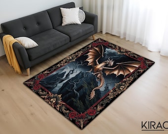 Gothic Dragon Rug, Mythical Serpent Pattern Carpet, Dark Fantasy Area Rug, Unique Statement Living Room Carpet, Medieval Home Decor