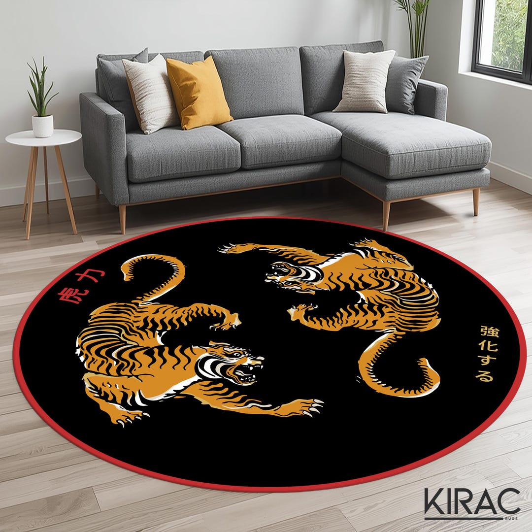 Twin Tiger Round Rug – Oriental Style Black Carpet With Fierce Tiger ...