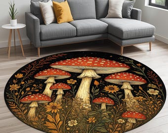 Mushroom Forest Carpet – Boho Round Rug with Botanical Fungi Design for Nature-Inspired Decor