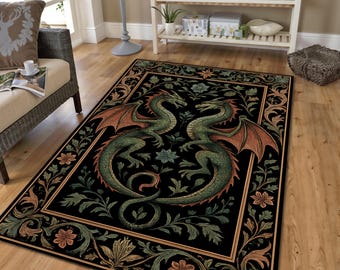 Fantasy Dragon Printed Rug – Gothic Mythical Creature Area Carpet with Floral Border, Dark Elegant Decor for Living Room or Bedroom