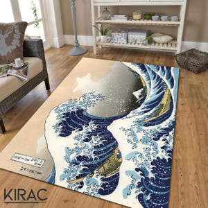 Japanese Wave Printed Rug – Hokusai Inspired Ocean Art Carpet, Traditional Blue White Area Rug for Living Room or Bedroom