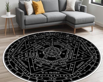 Magic Circle Round Rug – Black and White Pentacle Carpet, Occult Alchemy Symbol Decor for Witchy, Gothic, or Mystic Spaces