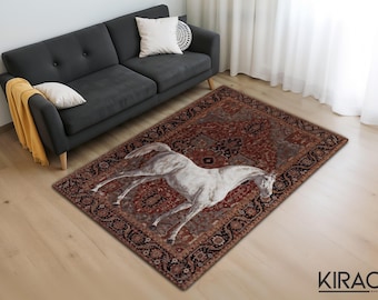 Vintage Horse Rug – Elegant White Horse Printed Carpet with Classic Boho Pattern for Living Room or Bedroom Decor