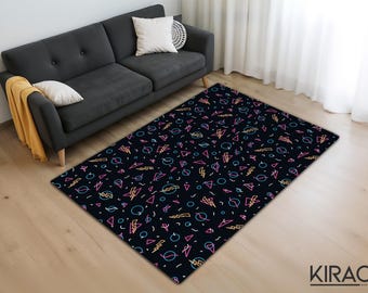 Neon Geometric Printed Rug – Colorful 80s 90s Pattern Area Carpet, Retro Pop Art Decor for Bedroom, Living Room or Game Room