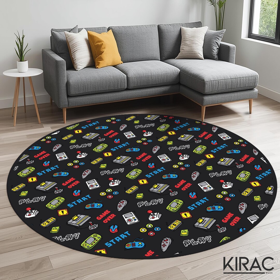 Round Xbox Rug Retro Gamer Rug – Colorful Video Game Icons Round Carpet for Kids Room ...