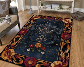 Fantasy Dragon Printed Rug – Gothic Mythical Creature Area Carpet with Floral Border, Dark Elegant Decor for Living Room or Bedroom