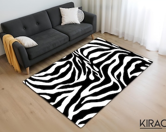 Black and White Zebra Rug, Zebra Print Area Rug, Animal Pattern Carpet, Safari Style Rug, Boho Living Room Rug, Contemporary Home Decor