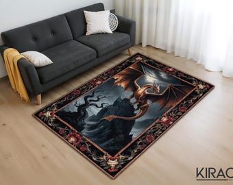 Gothic Dragon Rug, Mythical Serpent Pattern Carpet, Dark Fantasy Area Rug, Unique Statement Living Room Carpet, Medieval Home Decor