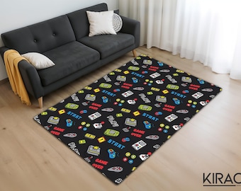 Retro Gaming Printed Rug – Colorful Game Console and Controller Carpet, Fun Gamer Room Decor for Bedroom or Living Room