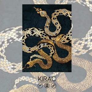 May include: An artistic print featuring two stylized snakes in shades of gold, black, and white against a dark teal background. The snakes are intertwined, creating a dynamic composition. The print includes the text "KIRAC" and icons.