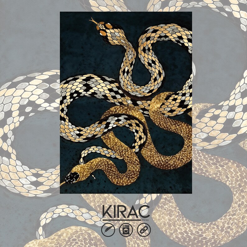 May include: An artistic print featuring two stylized snakes in shades of gold, black, and white against a dark teal background. The snakes are intertwined, creating a dynamic composition. The print includes the text "KIRAC" and icons.