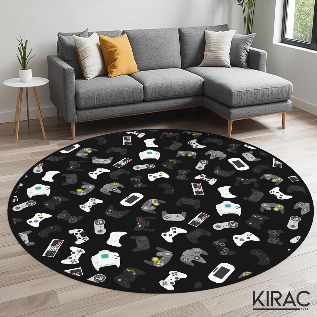 Retro Controller Rug Gamer Controller Rug – Black Round Carpet With Video Game Design for ...