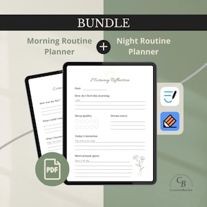 Può includere: Un pacchetto digitale con un Morning Routine Planner e un Night Routine Planner. I planner sono visualizzati su tablet, con la pagina Morning Reflection visibile. Il pacchetto include un'icona PDF e icone di app.