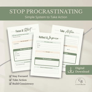 Può includere: Download digitale con tre fogli di lavoro. Il testo "STOP PROCRASTINATING" e "Simple System to Take Action" è visibile. I fogli includono sezioni per concentrazione, azione e riflessione. È presente anche il testo "Digital Download".