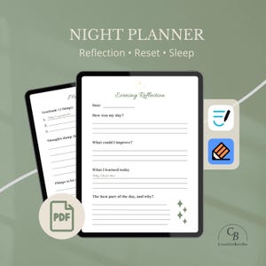 Può includere: Pianificatore notturno digitale con il testo "Night Planner Reflection Reset Sleep". Il pianificatore include sezioni per la gratitudine, i pensieri e la riflessione serale. Un'icona PDF è visibile.