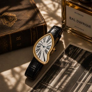 May include: A wristwatch with a gold-toned, asymmetrical, teardrop-shaped case and a white dial featuring black Roman numerals. The watch has a black leather strap with a textured, crocodile-embossed pattern and a small blue-toned crown.