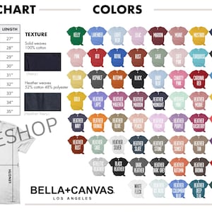 May include: A size chart and color options for Bella+Canvas t-shirts. The chart lists sizes XS to 5XL with width and length measurements in inches. Color swatches include Kelly green, lavender, and black. The texture options are solid weaves and heather weaves.