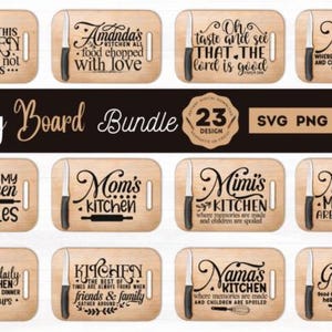 May include: A bundle of wooden cutting boards with various kitchen-themed quotes and designs. Each board features a knife graphic. The text includes phrases like "In this kitchen we count memories not calories" and "Amanda's kitchen all food chopped with love."