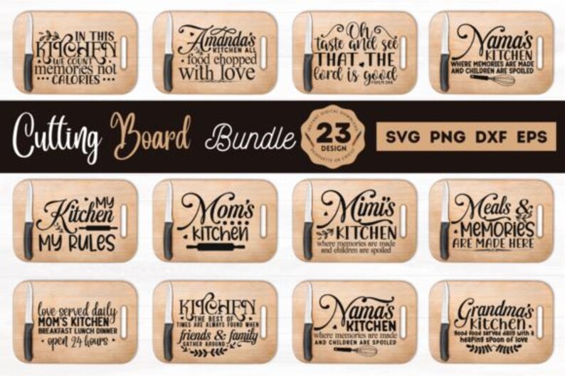May include: A bundle of wooden cutting boards with various kitchen-themed quotes and designs. Each board features a knife graphic. The text includes phrases like "In this kitchen we count memories not calories" and "Amanda's kitchen all food chopped with love."