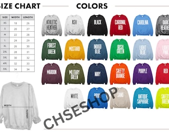 May include: A size chart and colour options for sweatshirts are displayed. The size chart shows measurements in inches for sizes XS to 5XL. Colours include Athletic Heather, Black, Cardinal Red, and Safety Green.
