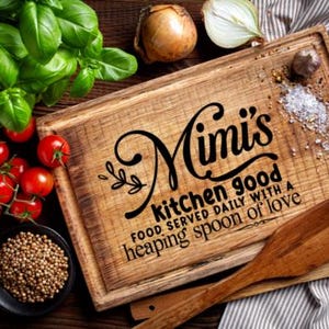 May include: A wooden cutting board with the text "Mimi's kitchen good" and other text. The board is surrounded by fresh basil, tomatoes, onions, spices, and wooden utensils. A rustic, homey kitchen theme.