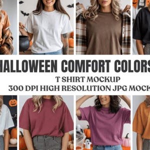 May include: A collection of t-shirt mockups in various colors, including orange, white, brown, and black. The image features the text "Halloween Comfort Colors 1717" and "T Shirt Mockup". The mockups are high-resolution JPGs.