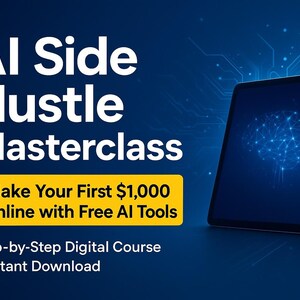 May include: A digital advertisement for an AI Side Hustle Masterclass. The image features a tablet displaying a glowing brain graphic, with text that reads "Make Your First $1,000 Online with Free AI Tools". The background is a gradient of blue.