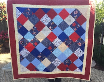Red White & Blue Patriotic Quilt Approximate 46x46 Inches/ On Point 5 inch Squares/ Lap/ Picnic/ Valentine Gift/Made in USA/ Ready Ship Free