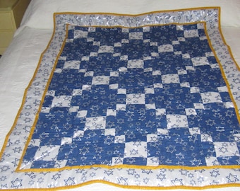 Hanukkah Lap Quilt with Blue on White Star of David on Lame Cotton Fabric 37 x 48