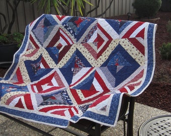 Hearts and Stars Patriotic 59x59 Reversible Quilt /Cotton/ Unique/ Designer/ Washable/ One Of A Kind