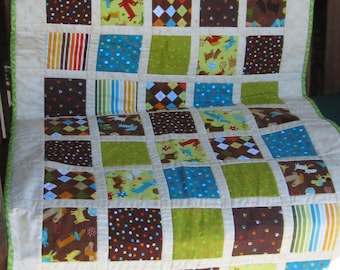 Modern/ Patchwork/ Dog Theme Toddler/ Baby Quilt 32x53/ Cotton/ Washable/ Unique One of a Kind Gift/  Free Mask To Match/USA Made