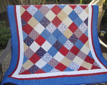 On Point Red, White & Blue Patriotic Quilt / Picnic/ Housewarming /Holiday Gift/ 48  by 48 inches/USA Made/Ready to Ship