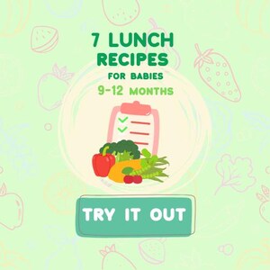 Può includere: Illustrazione colorata con il testo "7 Ricette per il Pranzo per Bambini 9-12 Mesi". L'immagine presenta una clip board con segni di spunta e illustrazioni di verdure, tra cui peperone rosso, broccoli e piselli. Il testo "Try it out" è in un rettangolo verde.